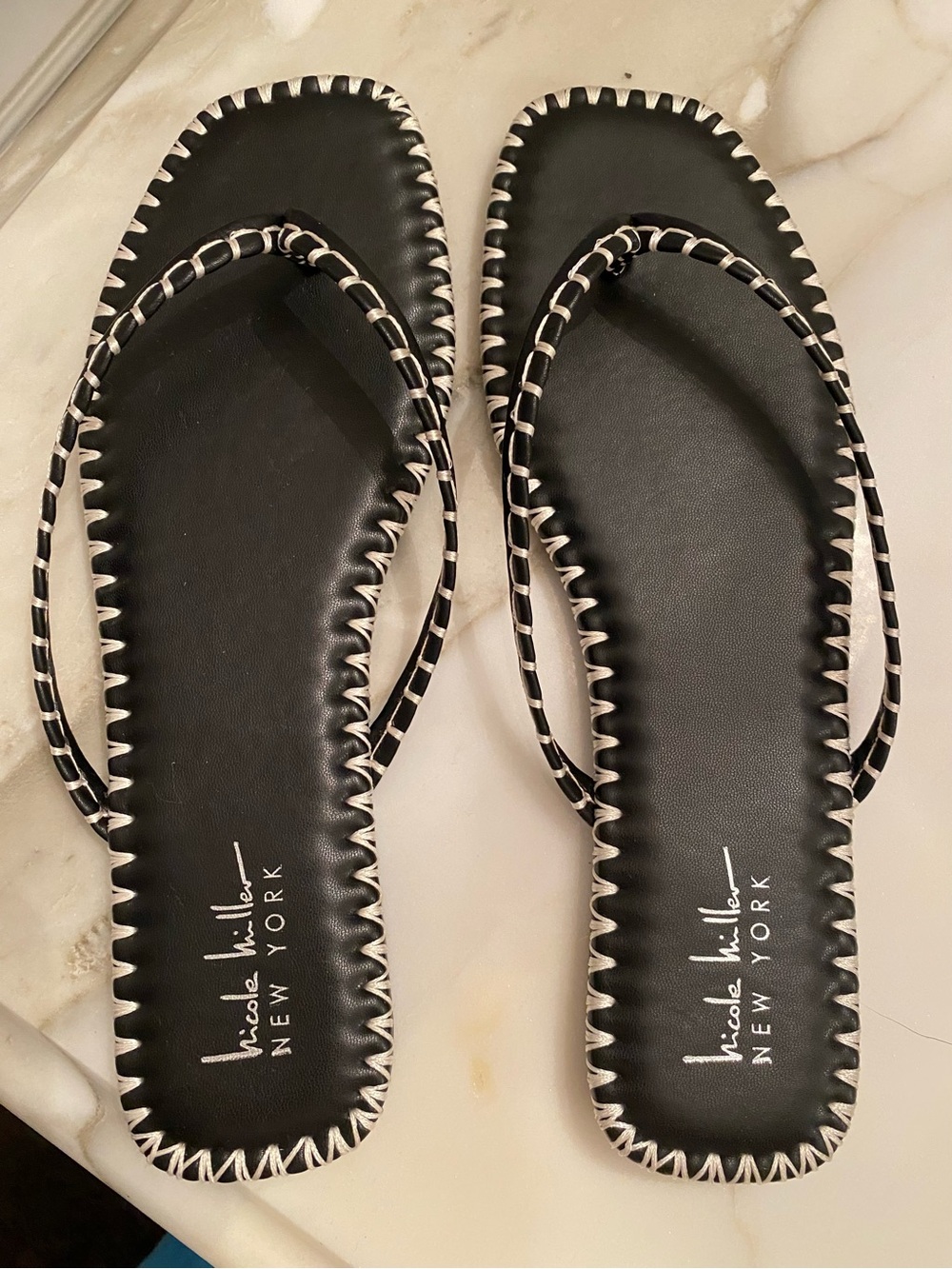 Nicole Miller New York Black and White Whipstitch Flip Flop Sandals
